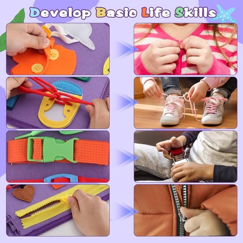 Image of Montessori Busy Board for Toddlers 3-6, Soft Sensory Activity Book with Life Skills, Cognition, Sorting, Matching, Travel Toys for Airplane Car, Gift for Girls Boys 3+ Years Old (Mermaid)