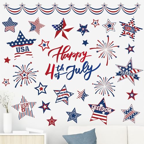 Whaline Patriotic Wall Stickers 4th of July USA Star Vinyl Wall Decals Small Room Mural Stickers for Independence Day Party Home Office School Decor,...