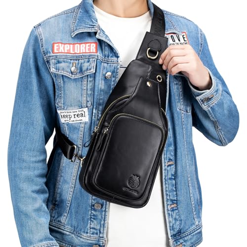 Image of Mens Sling Bag Genuine Leather Crossbody Bags for Men Small Sling Chest Backpack Casual Man Bag Hiking Outdoor, Black