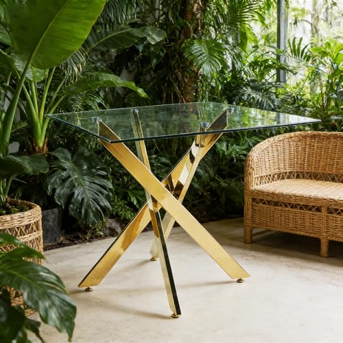 HIYYIH Square Table à manger en verre, 80 x 80 x 75 cm Table de salle à manger moderne en verre, plateau en verre trempé, pieds chromés dorés, table de cuisine pour...