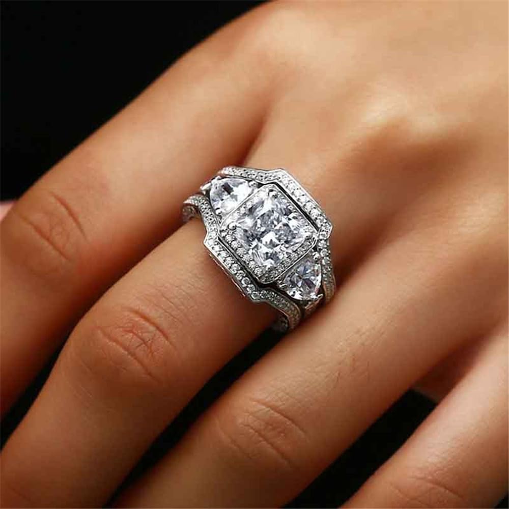 925 Sterling Silver Women's Wedding Set with Three Stone Diamond Wedding Ring Cut Cubic Zirconia CZ Wedding Commitment Engagement Wedding Ring Jewelry-Making-Patterns