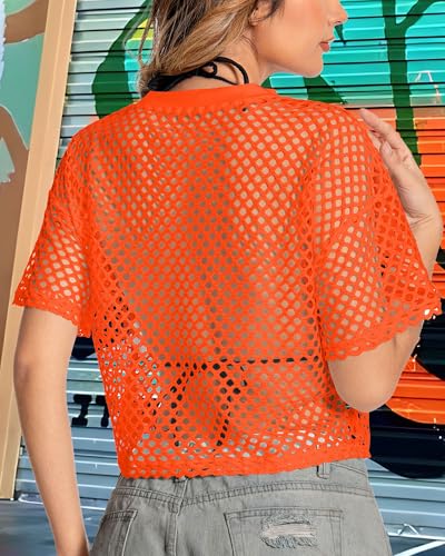 Image of Women's Mesh Top Fishnet T Shirts Sheer Loose Short Sleeve See Through Crop Tops