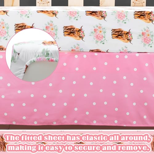 Image of Hahafelt 3 Piece Highland Cow Baby Crib Bedding Set for Baby Girls Pink Floral Nursery Crib Sets Includes Quilt,Fitted Crib Sheet, Crib Skirt for Newborns Baby Boy Girl