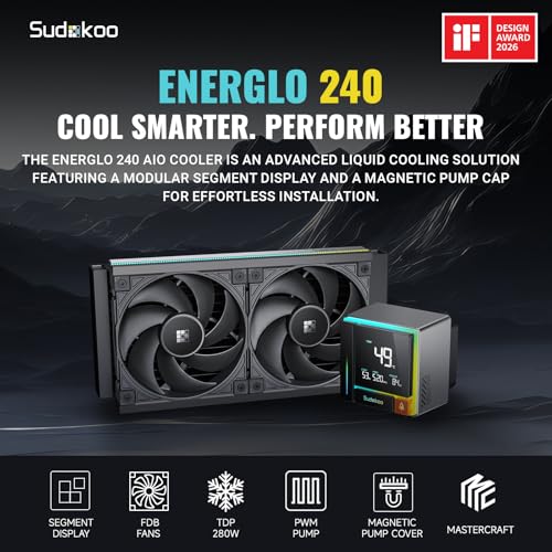 Image of ENERGLO 240 Liquid Cooler: 240mm AIO CPU Cooler with Data Display & PWM Pump - 2 x 120mm Black Water Cooling for Intel LGA 1851 /1700 /1200 /115X & AMD AM5 /AM4