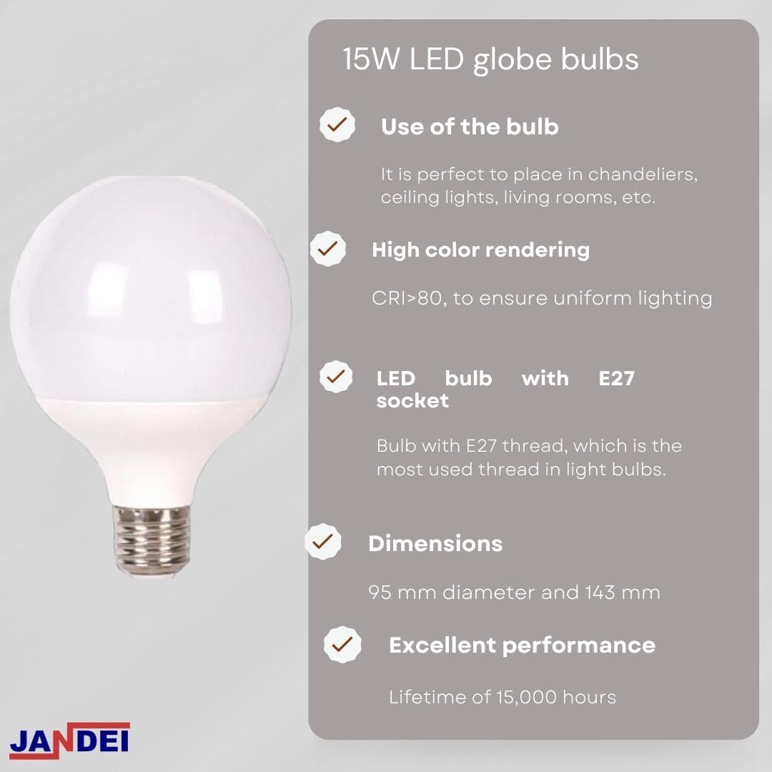 JANDEI Pack of 3 x LED Globe Bulbs 270º, G95 E27 Thread, 15W (Equivalent to 100W) Neutral White Light 4200K, Lumens - Image 4