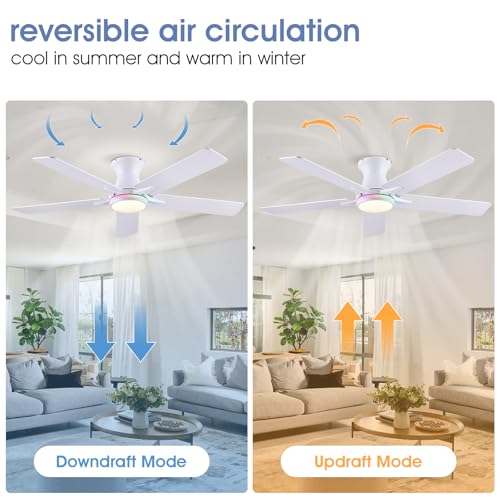 Image of 52 inchWhite Modern Low Profile RGB Ceiling Fans with Lights and Remote /APP | 14 RGB Modes,Supports Remote and APP,6 Wind Speeds, Reversible, Dimmable 3 CCT LED, 30W DC Motor,Suits for Bedroom Kidsroom
