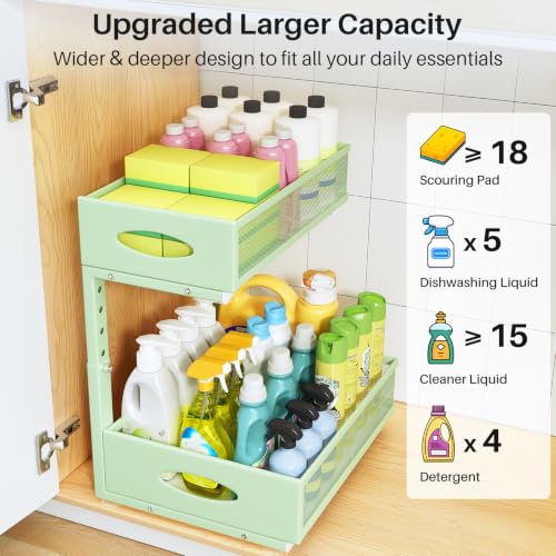 Image of Under Sink Organizer, 2 Tier Pull Out Under Cabinet Organizer Shelf with Pad for Framed Cabinets, Metal Slide Out Under Sink Storage, Mesh Sliding Drawers for Kitchen Bathroom Laundry(Green, 1 Pack)