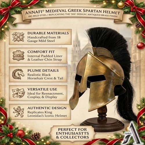 Image of AnNafi Greek Spartan Agamemnon Helmet, Medieval Roman 300 King Leonidas Knight Movie Helmets + Liner, LARP SCA Cosplay Armor Replica Adult, Role Play Helm, Armour Costume & Headwear Accessories