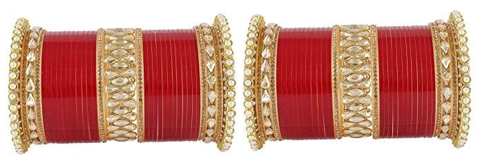 Image of NMII Traditional Gold Plated Acrylic Bangles Bridal Chuda Set For Women & Girls with Zircon Diamond & Pearls Beads Work | Royal Wedding Chudas | Premium Look | Bangles For Wedding, Festive, Function