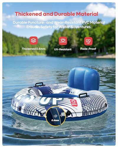 Image of QPAU Inflatable River Tube, 0.4 mm Thickened Puncture-Resistant Heavy Duty River Float, River Raft with Ergonomic Backrest, Mesh Bottom & 2 Cup Holders for Adults and Friends Lake Float
