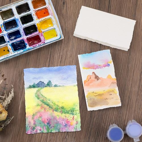 Image of 25 Sheets Watercolor Paper 3.5 x 2, 300 GSM Deckled Edge Paper Rough /Textured Handmade Paper for Watercolors, Wedding Invitations, Cards, Crafts