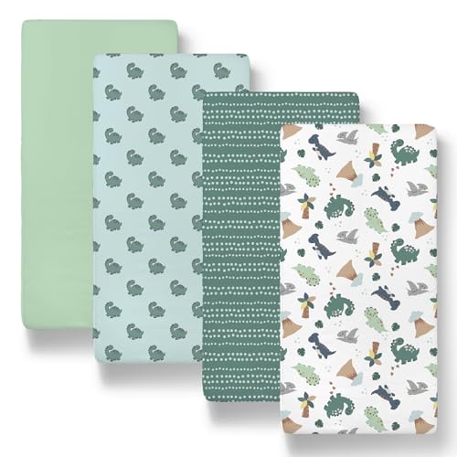 Image of The Peanutshell Baby Bassinet Sheets 4-Pack for Boy - Soft, Oval & Fitted Baby Boys Bassinet Sheet, Rectangle, Fitted Sheet Covers for Crib, Halo Bassinet Mattress - Green Dino
