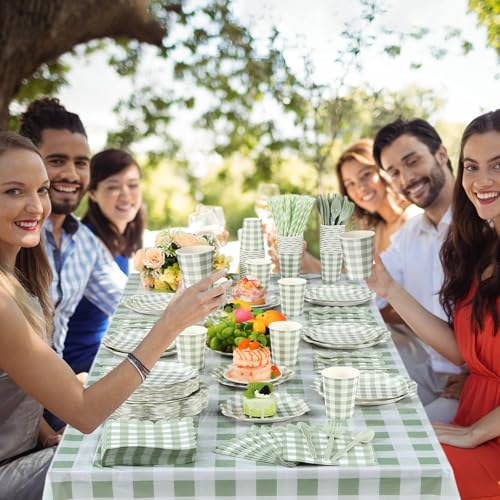 Image of Funnymoom 452 Pcs Sage Green Gingham Party Supplies for 50 Guests, Green Gingham Paper Plates Napkins Cup Tablecloth Disposable Tableware for BBQ Picnic Birthday Baby Shower Wedding Party Decoration