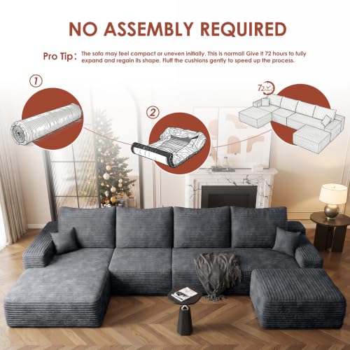 Image of Boneless Couch, Modular Sectional Couches for Living Room, U-Shaped Cloud Couch Sofa with Deep Seat, Fluffy Corduroy Upholstered Corner Sofa