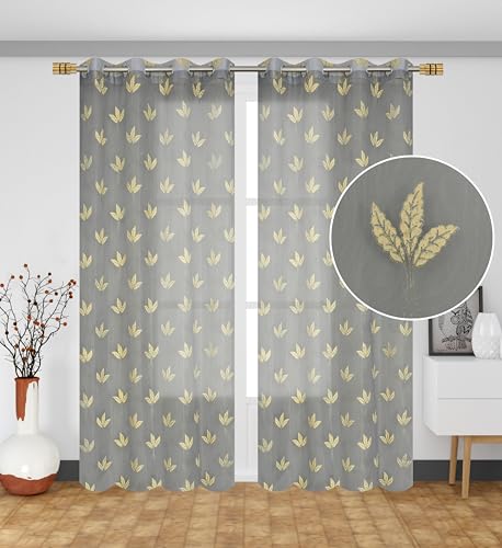 Image of IVAZA Polyester Semi-Transparent Leaf Embroidered Curtain ? Sheer Voile Panel with Eyelets ? Lightweight & Airy ? Ideal for Living Room, Bedroom, Balcony Long Door- 9 Feet (Pack of 2) Grey