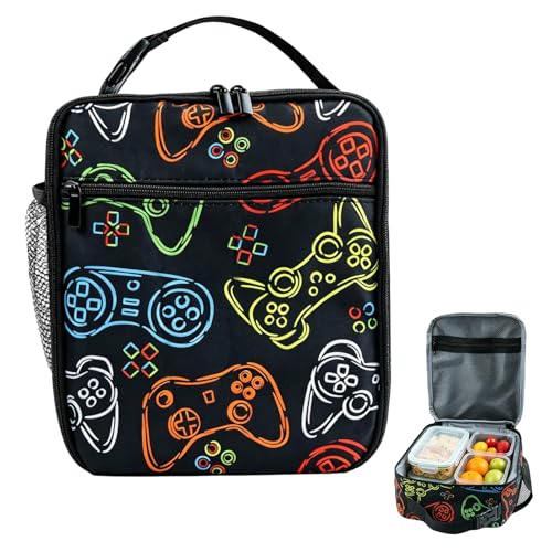 Kideerly Game Boys Lunch Bag Gaming Lunch Box Kids Reusable Boys Lunch Box Portable Waterproof Insulated Kids Lunchbag with Mesh Bag for School Picnic Outdoor Birthday Boys Gifts Christmas