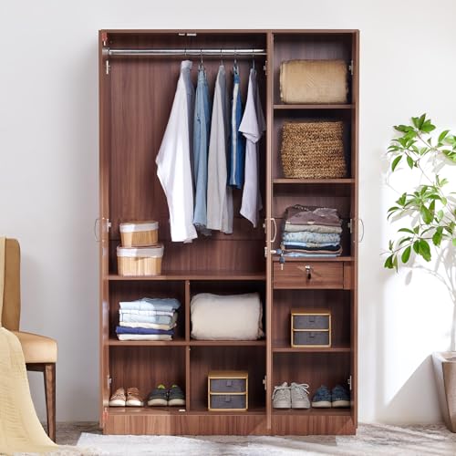 Image of Home Centre | Helios Alton 3-Door Wardrobe with Mirror | Full Length Mirror for Home | Engineered Wood | Walnut | 1 Year Warranty