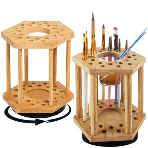 Image of 360 Degree Rotary Brush Holder and Display Drying Rack - Multifunctional Organizer - Hexagonal Holder 24 Brushes, Brush Holder - Artist's Brush, Bamboo - Original (2pcs)