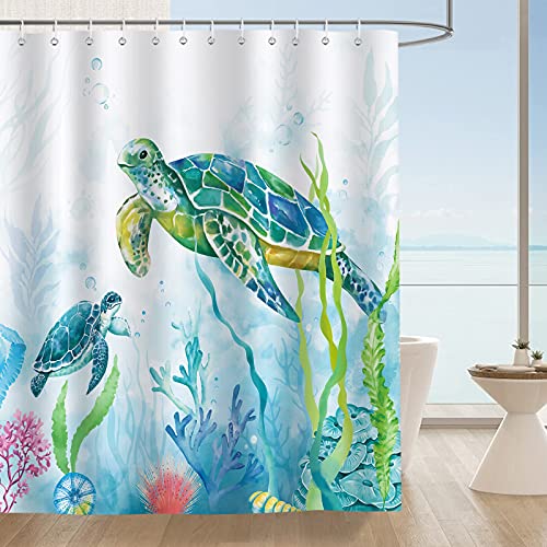 Bonhause Rideau de Douche Tortue de Mer Corail Océan Bleu 180 x 180 cm Rideau de Bain Tissu Polyester Anti Moisissure Imperméable Rideau Salle de Bain avec 12 Crochets pour Baignoire