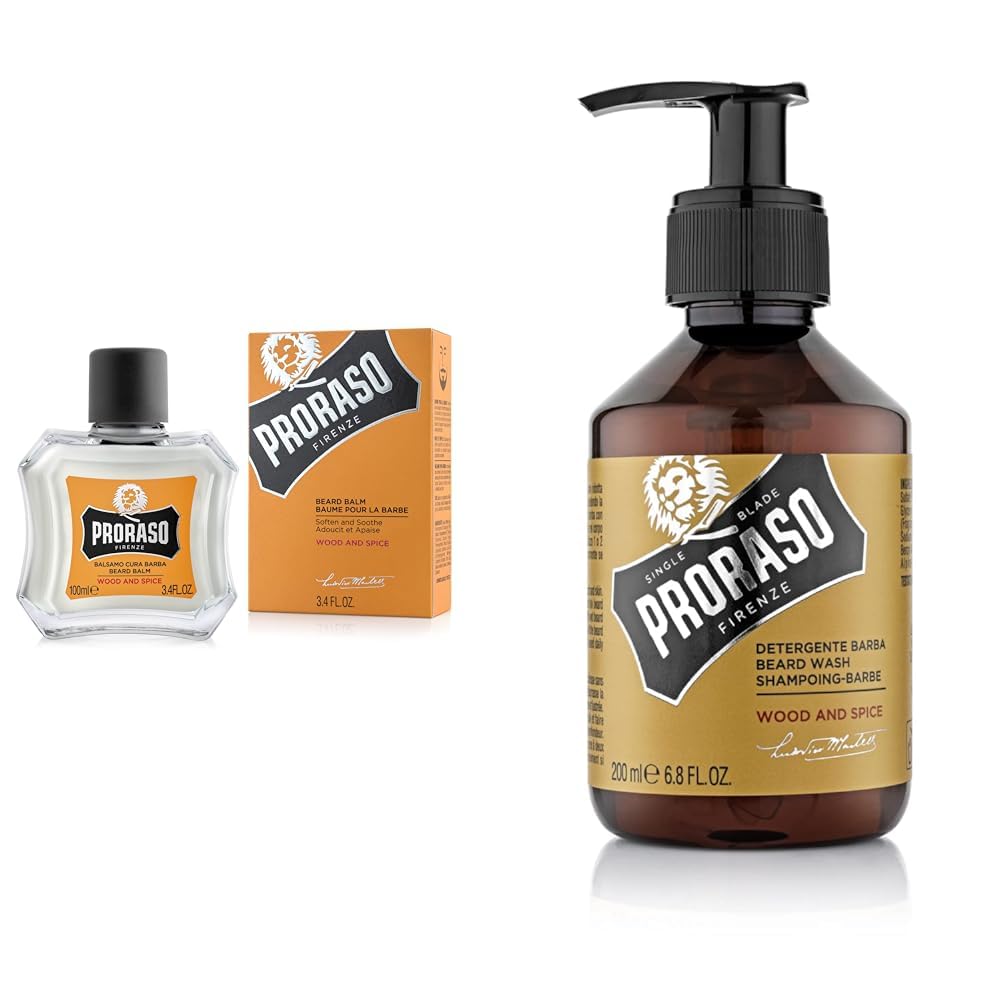 Proraso Bálsamo barba, Wood and Spice, 100 ml, bálsamo barba hombre suavizante anti irritaciones, bálsamo para cuidado facial hombre & Champú barba Wood & Spice, 200 ml, champú hidratante profesional