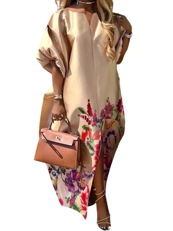 UOOZEE Women's Puff Sleeve Floral Print Maxi Dress 2025 Summer V Neck Flowy Swing Casual Long Slit Dress