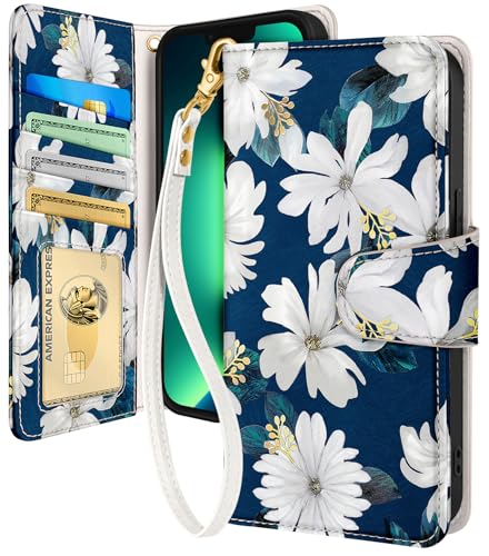 Toycamp for iPhone 13 Pro Max Wallet Case, Leather Flip Cover, White Flower