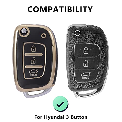 Image of Keycare TPU Key Cover & Keychain Compatible for: Hyundai Creta, Tucson, Alcazar, Exter, Venue, i20, Aura, Xcent flip Key (Gold Black + Gold Black Keychain)