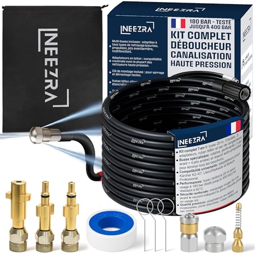 NEEZRA Kit 7‑en‑1 Déboucheur canalisation haute pression 20 m – furet Karcher avec 3 buses rotative, perforante & ressort, 3 adaptateurs laiton...