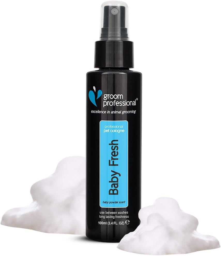 GROOM PROFESSIONAL Baby Powder Dog Cologne Spray - Dog Perfume Spray - Ideal for Smelly Dogs - Familiar Baby Powder Scent- Contains Chamomile to Soothe Sensitive Skin, 100ml