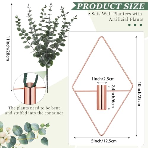 Image of Jexine Hanging Planters with Artificial Eucalyptus Metal Hanging Vase Indoor Plants Holder Modern Geometric Boho Bathroom Wall Decor for Living Room Home Office(Rose Gold,4 Pcs)