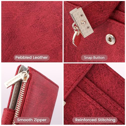Image of Pomelo Best Wallet Women Bifold Leather Wallets for Women Credit Card Holder with ID Window Zipper Coin Pocket Suede Red