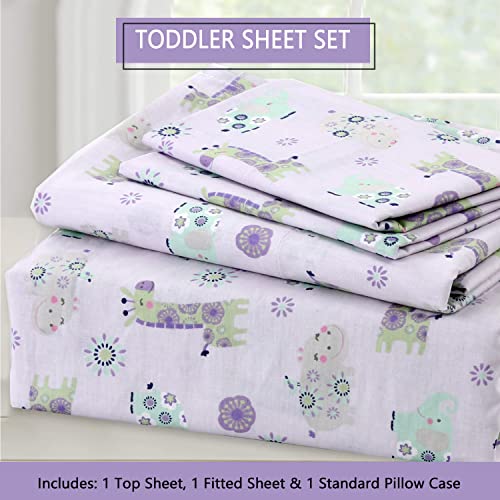 Image of 100 Cotton 3 Piece Toddler Sheet Set, Soft Breathable Crib Bedding Set for Girls Includes a Flat Sheet, a Fitted Sheet, a Pillowcase, Gypsy Floral Animals Giraffe Hippo Elephant Pink