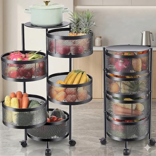 Image of HomeWiz 5-Layer Round Kitchen Trolley | Movable Storage Organizer for Fruits & Vegetables | Perforated Mesh Baskets with Solid Flat Top | Multipurpose Rack for Onion & Potato | Rust-Resistant | Black