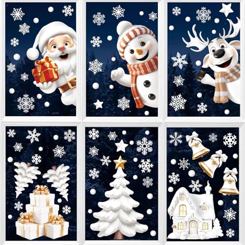 Pegatinas Navidad Ventanas Cristal - 9 Hojas Decoracion Navidad para Ventana y Escaparate, PVC Vinilos Navideños Reutilizables, Blanco Adornos Adhesivos de Natal con Papá Noel, Copos de Nieve