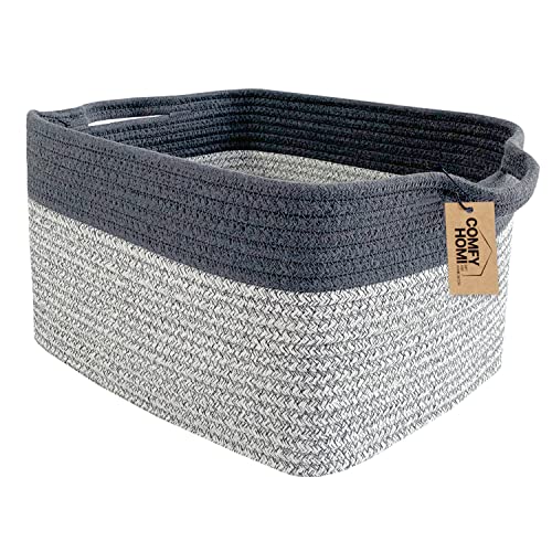 Image of COMFY-HOMI Cotton Rope Woven Basket with Handles for Shelves,Toys,Book, Cloth Storage Baskets Bin for Organizing-13.5"x11"x9.5" Toy Decorative Organizer for Living Room, Bathroom-Light Grey