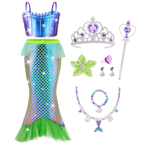 AOOWU Deguisement Robe Petite Sirene Ariel, 10PCS Ariel Costume de Sirène pour Fille, Costume Princesse Ariel avec Couronne Baguette Magique bijoux, pour...