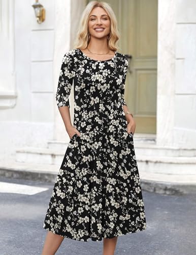 Image of HOTOUCH Women's 3 /4 Sleeve A-line and Flare Midi Long Dress