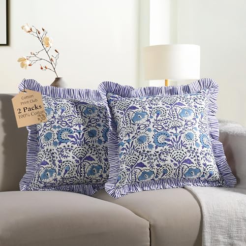 CPC Indigo Blue Block Print Ruffle Pillow Cover 16x16 Inch, Pack of 2