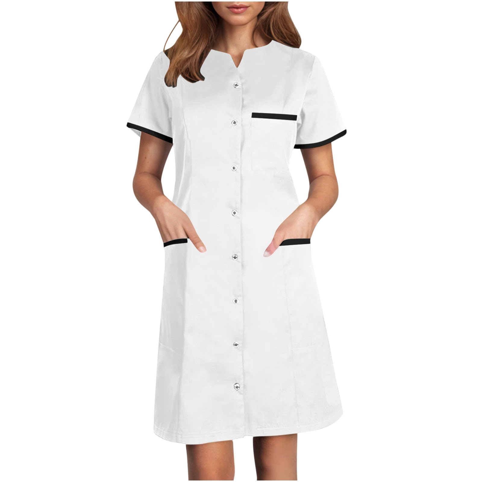 Women Housekeeping Dresses with Pockets - Button Front Nursing Workwear - Womens Loose Scrubs Dress Working Uniform
