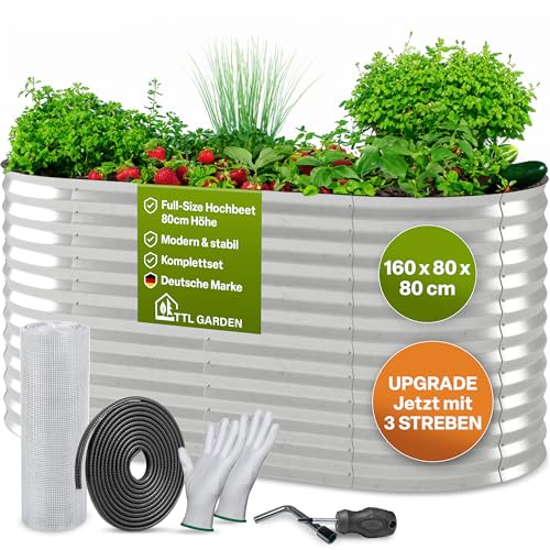 TTL GARDEN 160x80x80cm Spirit M Metall Hochbeet Silber - Stahl rostfrei verzinkt Wellblech ovale Form groß sehr stabil & wetterfest Garten Beet für Gemüse Kräuter Blumen Gartenbeet Gemüsebeet