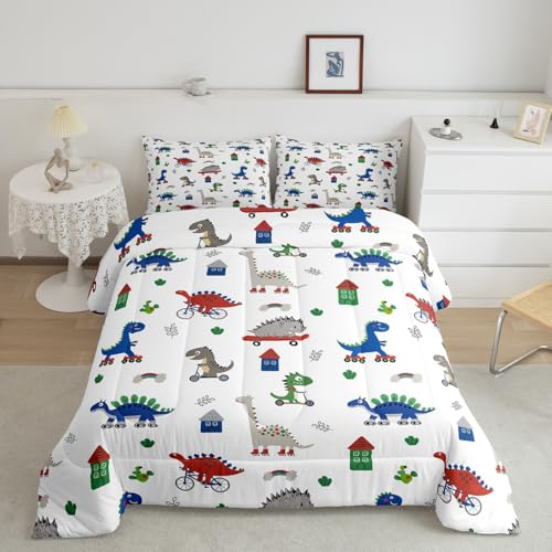 Image of Feelyou Kids Cartoon Dino Comforter Set King Size, Blue Green Dinosaur Bedding Set Boys Girls Kawaii Comforter Jungle Dino Duvet Insert 3Pcs