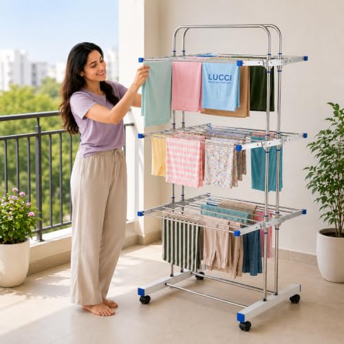 Image of LUCCI Premium Heavy Duty Foldable Stainless Steel Cloth Drying Stand, 3 Tier | Mirror Finish | Portable Laundry Rack | Clothes Dryer Stand with Wheels | Foldable, Movable & Space-Saving Drying Rack