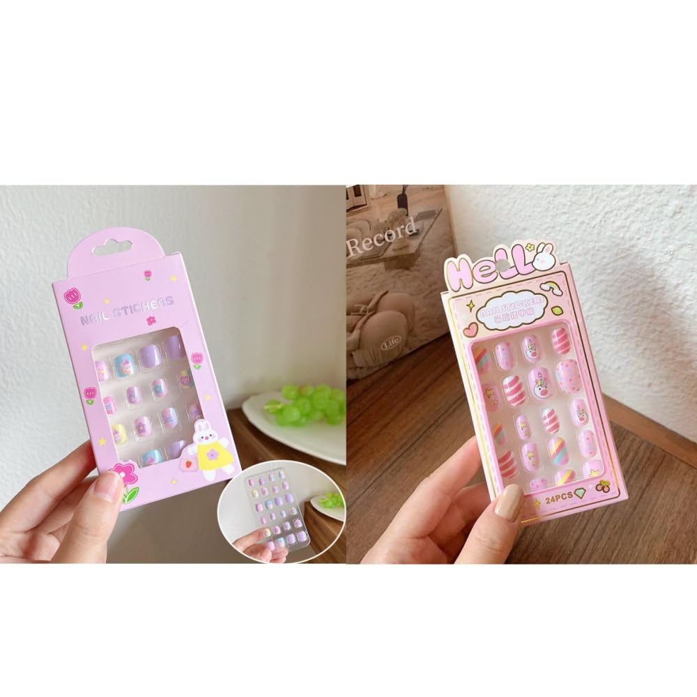 ISABELLA MOON 48Pcs 2 Pack Children Acrylic Fake Nails Press on Pre-glue Full Cover Glitter Color Rainbow Unicorn Mermaid Kids Stick On False Nail Art Kits Set Girls Birthday Gift (Set04)