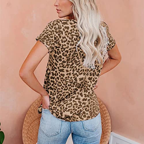 Túnica italiana moda casual camiseta con estampado de leopardo, estampado de camuflaje, cuello en V, manga corta para mujer, marrón, L