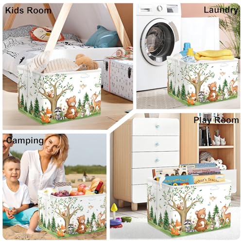 HUUMONSS Süßes Waldtier Groß Wäschekorb Baum Laub Stoff Aufbewahrungskorb Kleidung Spielzeug Aufbewahrungsbox für den Heimgebrauch/den Außenbereich, Bär, 36L