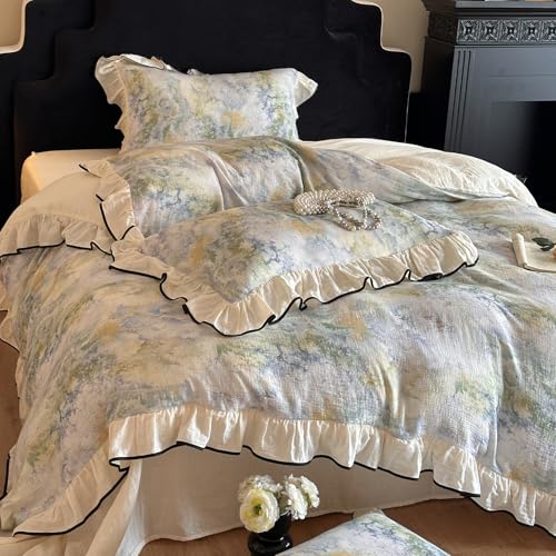 VM VOUGEMARKET Muslin Cotton Duvet Cover Set King Shabby Watercolor Duvet Cover with Ruffles Soft Linen Like Gauze Comforter Cover with Zip Closure and Corner Ties- 104"x90"