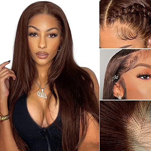 Mzkew Brown Straight Hair Human Hair Wig 13x4 Brown Lace Wig Glueless Wigs Human Hair Pre Plucked With Baby Hair Wigs Human Hair Brown Lace Front Wig Brown Human Hair Wigs for Black Women (24 inch)