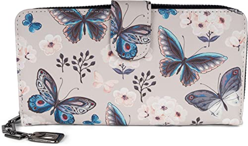 Porte-monnaie papillon femme styleBREAKER vintage gris clair bleu grand portefeuille zippé