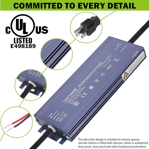 Image of 12V 100W LED Driver Waterproof IP67 Ultra Thin Power Adapter -UL Listed | AC 100-264V to DC 12V 8.3A Low Voltage Transformers with 3-Prong Plug for Outdoor LED Light,Computer Project,3D Printer