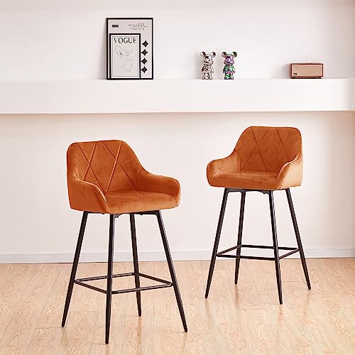 JaHECOME Bar Stools Set of 2, Velvet with Backrest and Armrest Breakfast Bar Stools High Stools Supported Black Metal Legs Kitchen Stools for Bar, Counter, Kitchen, Home(Orange)